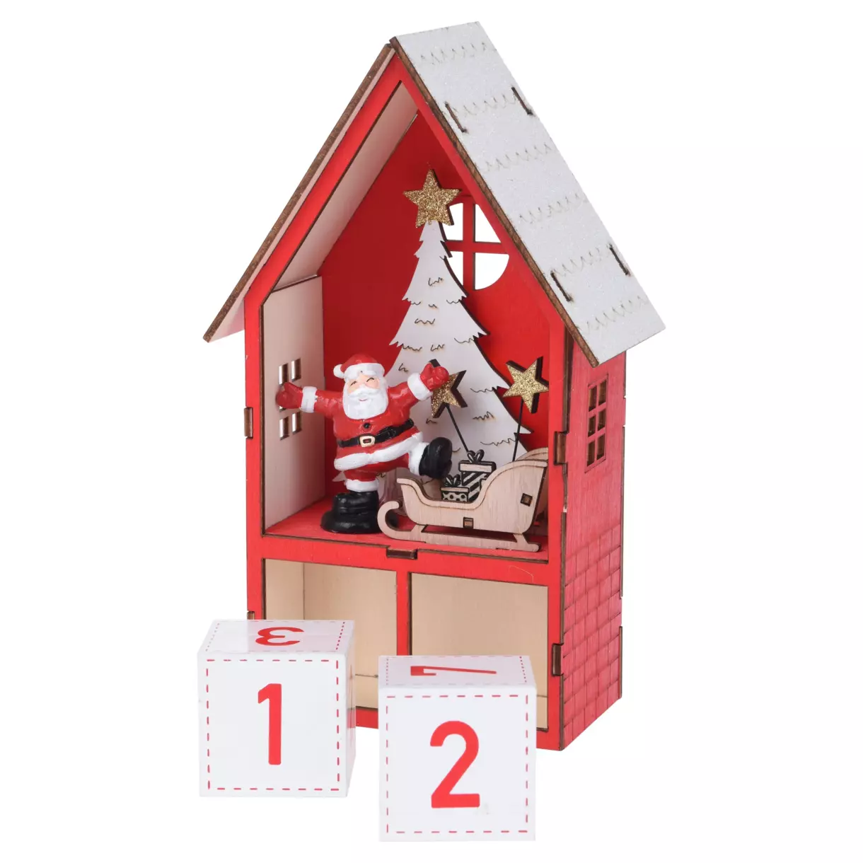 eminza Calendrier de l'Avent lumineux Maison du Père Noël Rouge