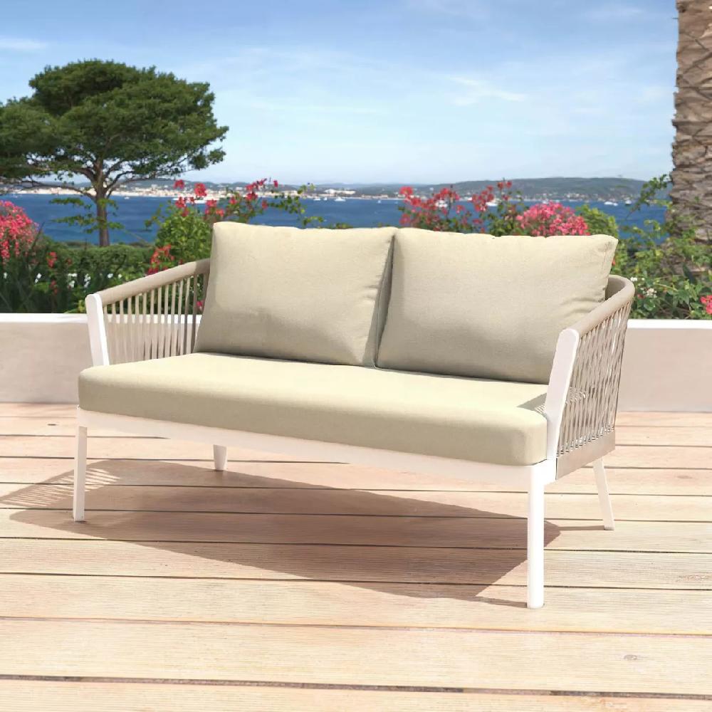 eminza Canapé de jardin en aluminium 2 places Amalfi Blanc et beige