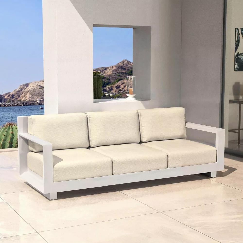 eminza Canapé de jardin en aluminium 3 places Elba Blanc et beige