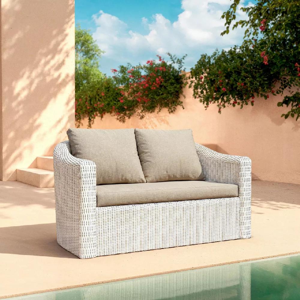 eminza Canapé de jardin en résine tressée 2 places Calvi Blanc et taupe