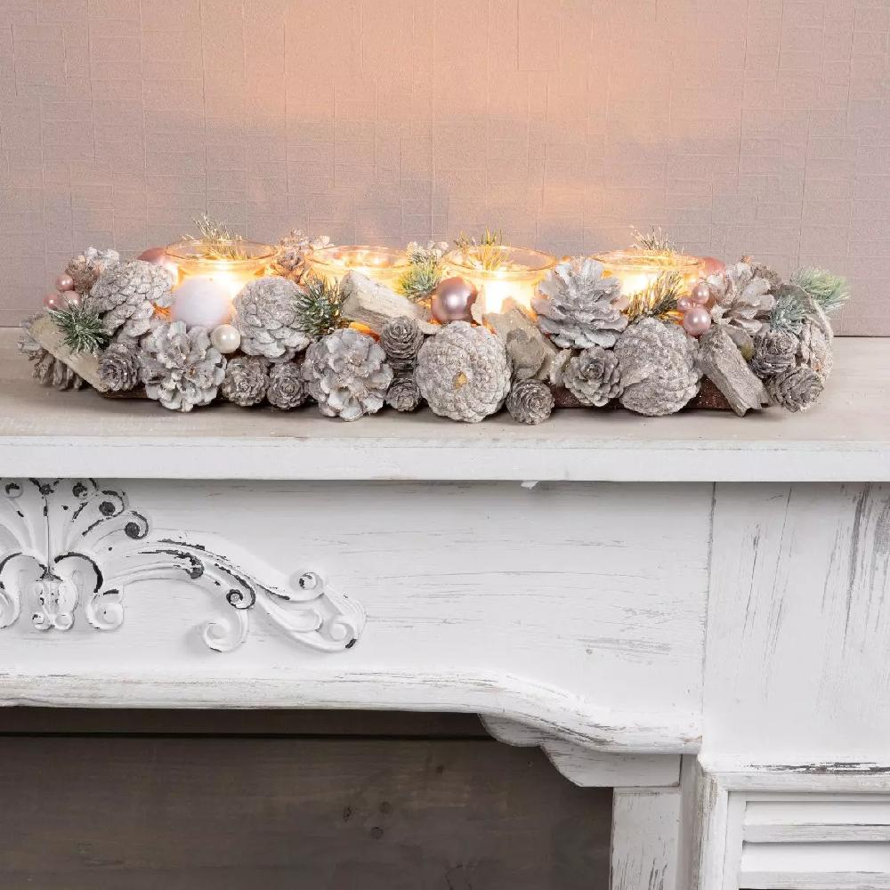 eminza Centre de table 4 photophores (46 cm) Frozen blanc