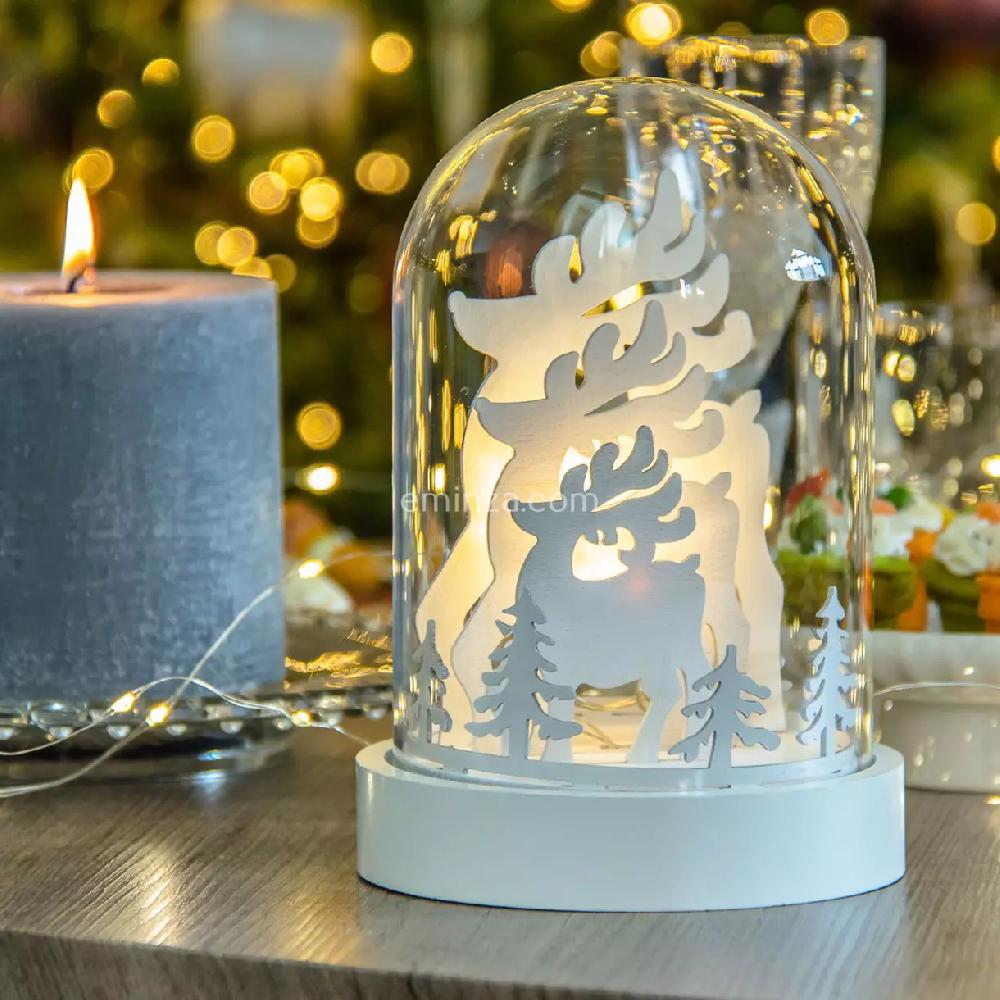 eminza Cloche en verre lumineuse à piles (H18 cm) Rennes blanc chaud
