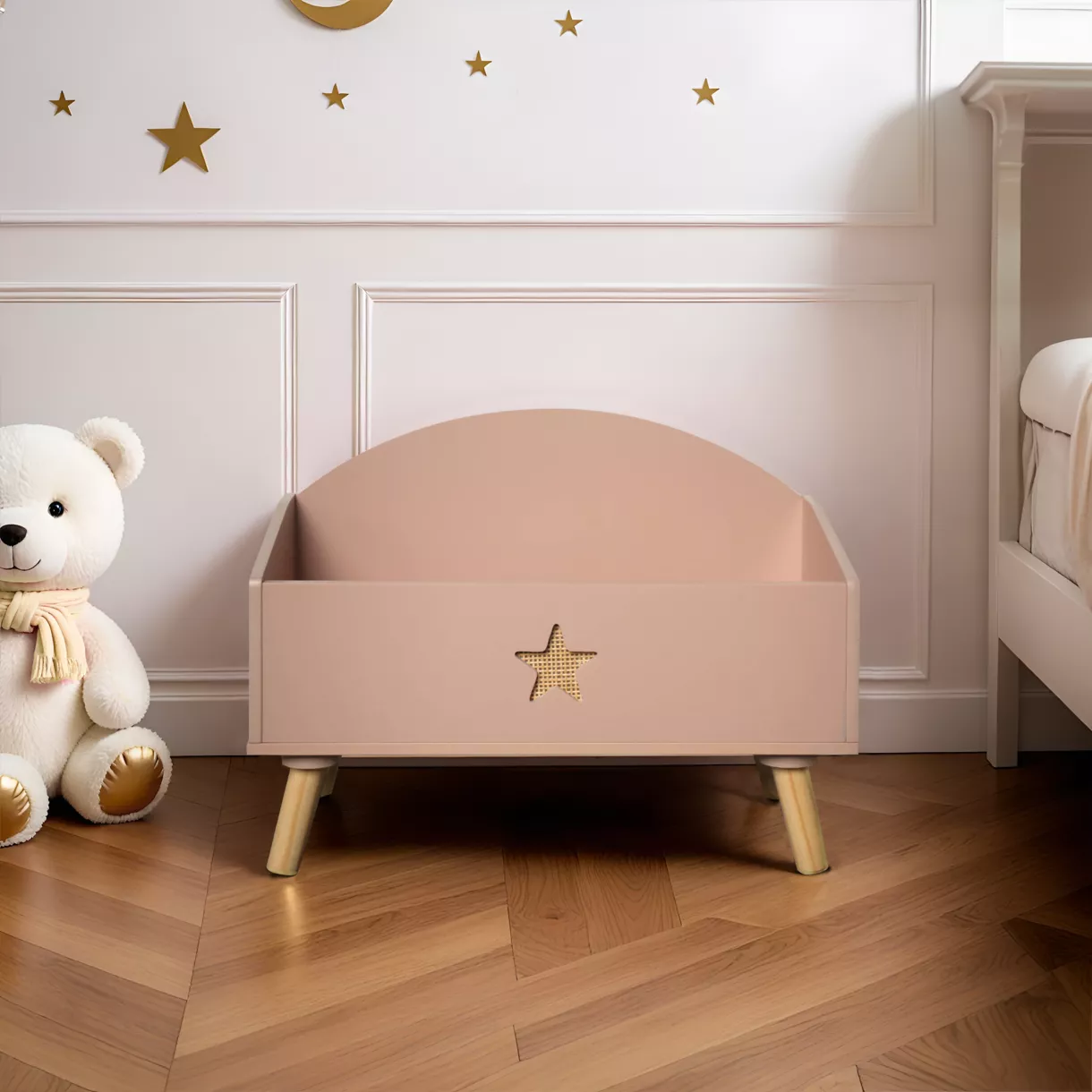 eminza Coffre à jouet ouvert enfant bois (H44 cm) Stars Rose