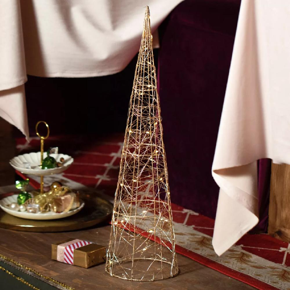 eminza Cône lumineux à piles 30 LED (H60 cm) Pyramide Or et Blanc chaud