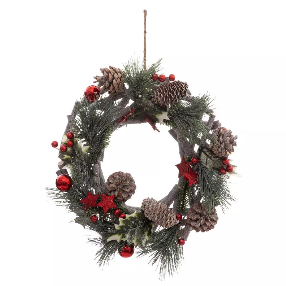 eminza Couronne de Noël (D32 cm) Nature festive Rouge
