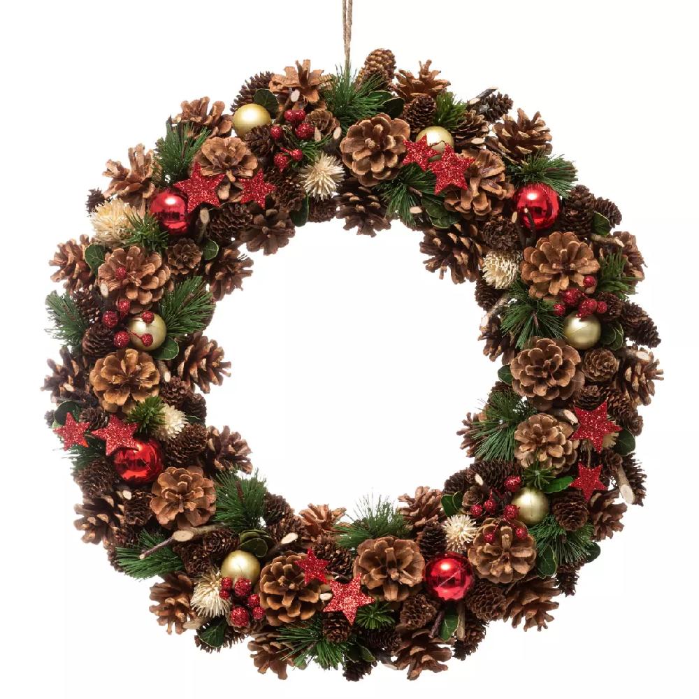 eminza Couronne de Noël (D50 cm) Houx baies et étoiles