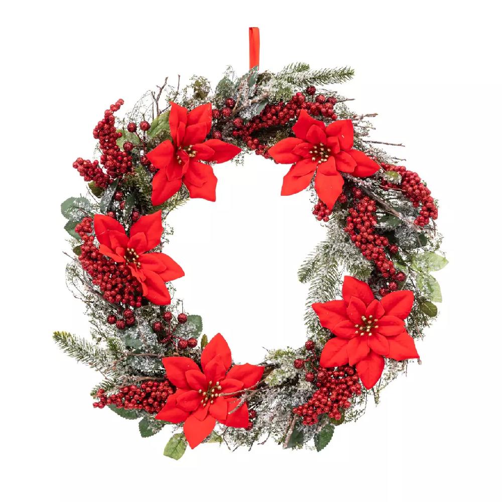 eminza Couronne de Noël (D50 cm) Poinsettia et baies Rouge
