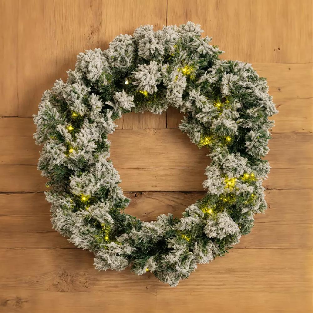 eminza Couronne de Noël lumineuse (D60 cm) Royal Vert enneigé et blanc chaud