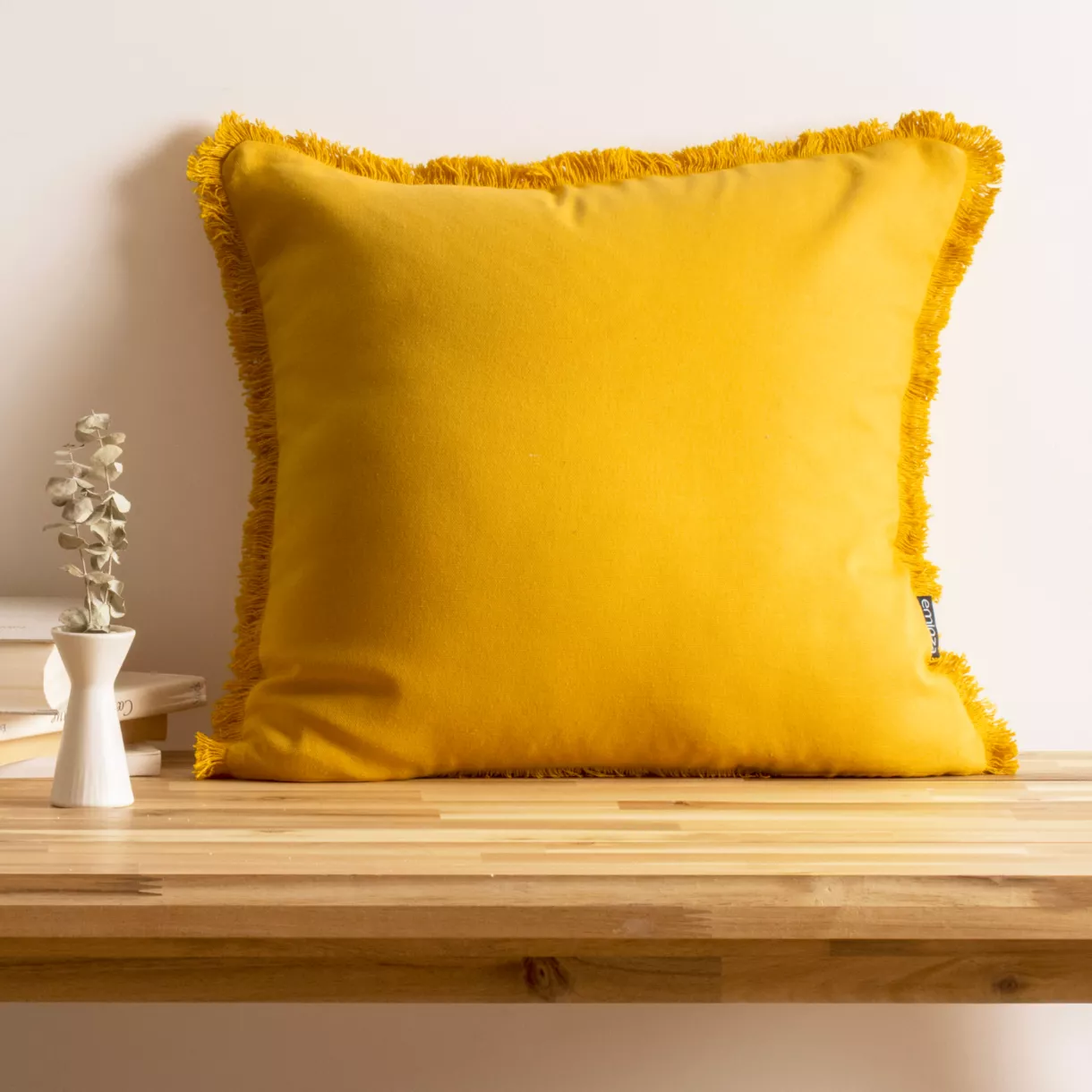 eminza Coussin carré coton (45 x 45 cm) Pixel franges Jaune moutarde