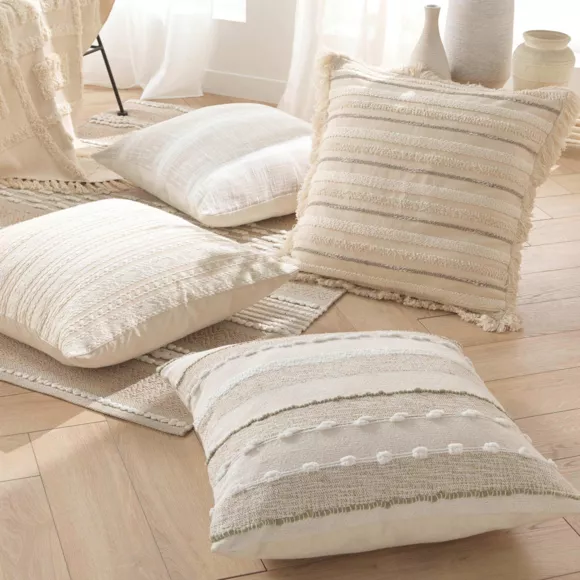 Eminza Coussin Carré Coton Tissé (60 X 60 Cm) Atlas Beige