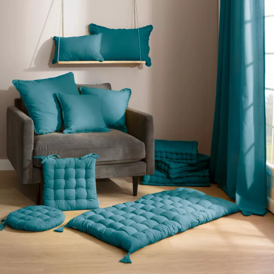 Eminza Coussin De Chaise Rond Coton (40 Cm) Pixel Bleu Canard