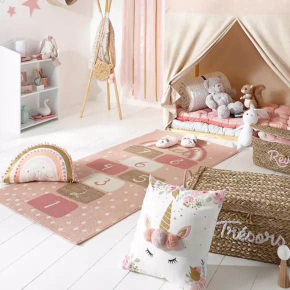 Eminza Coussin Enfant Carré (40 X 40 Cm) Licorne Pompons Multicolore