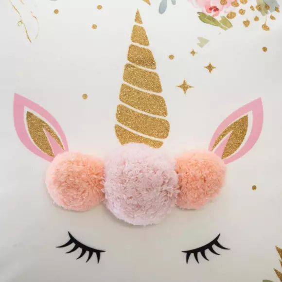 Eminza Coussin Enfant Carré (40 X 40 Cm) Licorne Pompons Multicolore