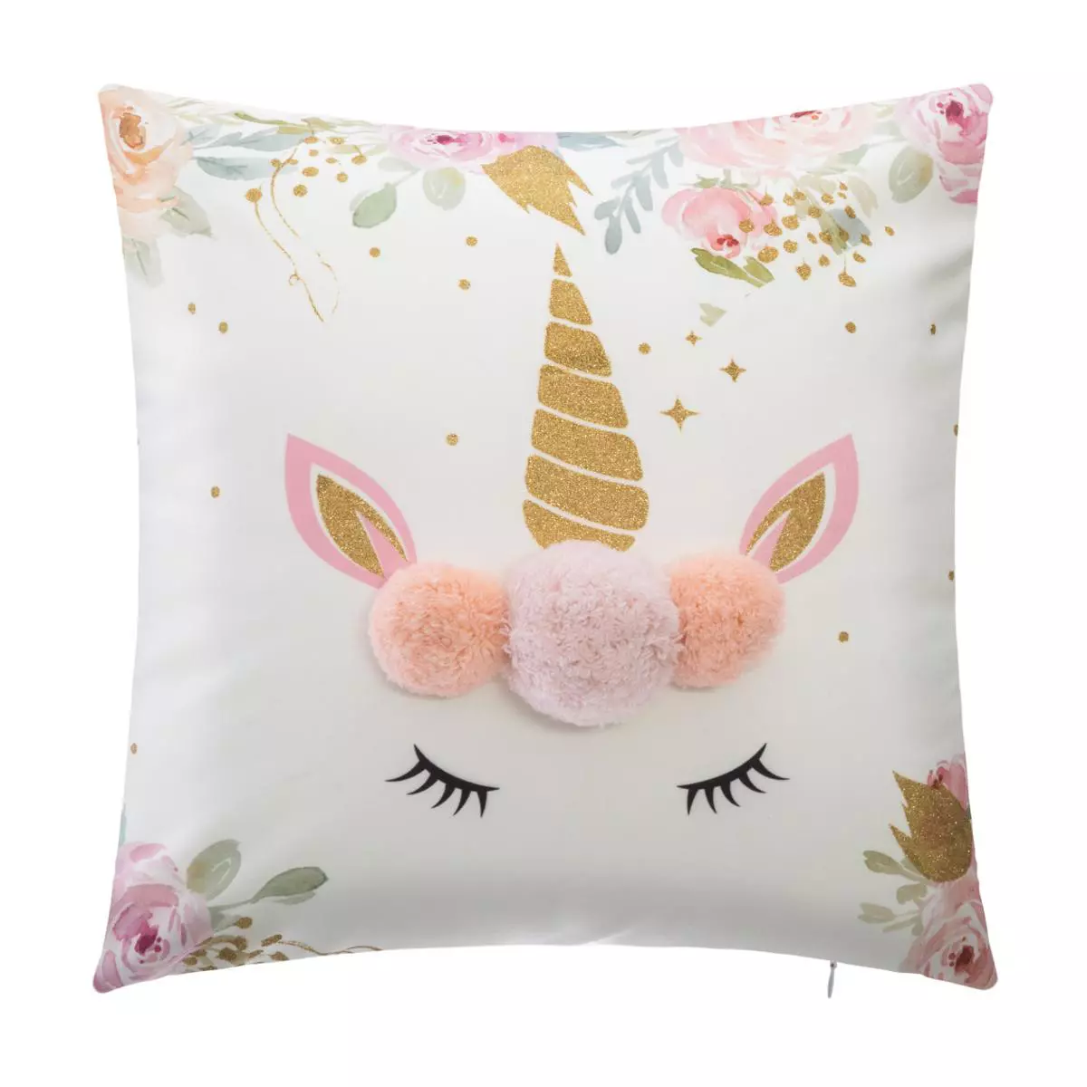 eminza Coussin enfant carré (40 x 40 cm) Licorne Pompons Multicolore