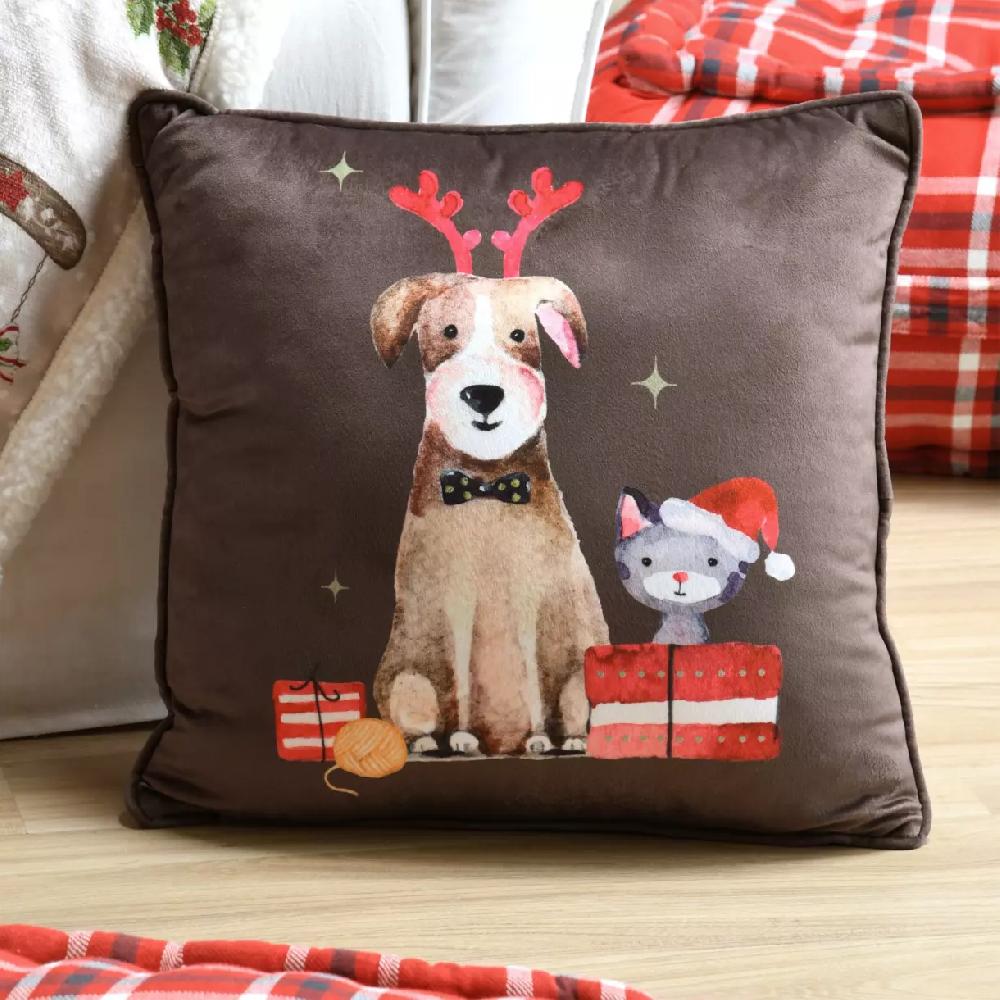 eminza Coussin Noël carré (40 cm) Joyeux Marron chocolat
