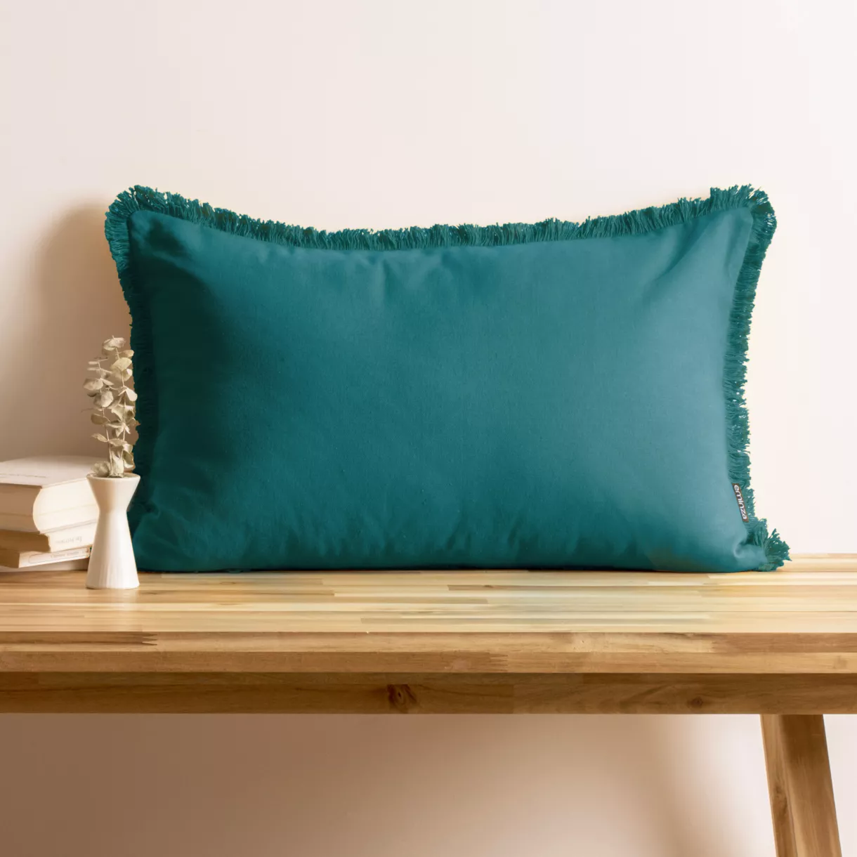 eminza Coussin rectangulaire coton (40 x 60 cm) Pixel franges Bleu canard