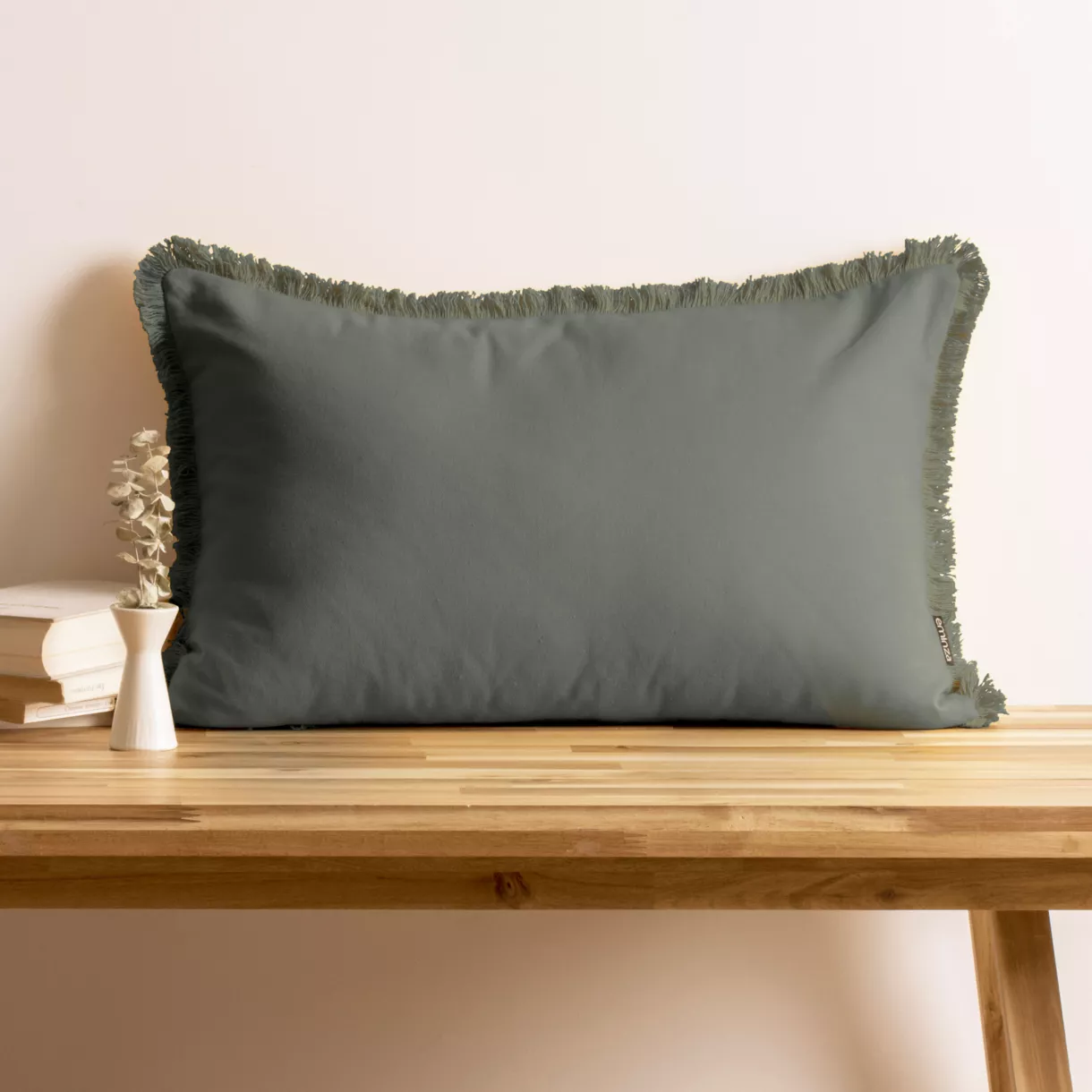 eminza Coussin rectangulaire coton (40 x 60 cm) Pixel franges Vert kaki