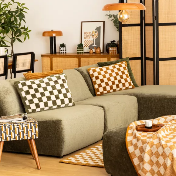 Eminza Coussin Rectangulaire Tufté (38 X 58 Cm) Damier Jaune Ocre