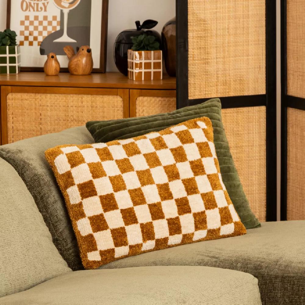 eminza Coussin rectangulaire tufté (38 x 58 cm) Damier Jaune ocre