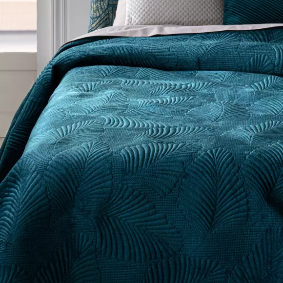 Eminza Couvre-lit (260 X 240 Cm) Feuilles Bleu Canard