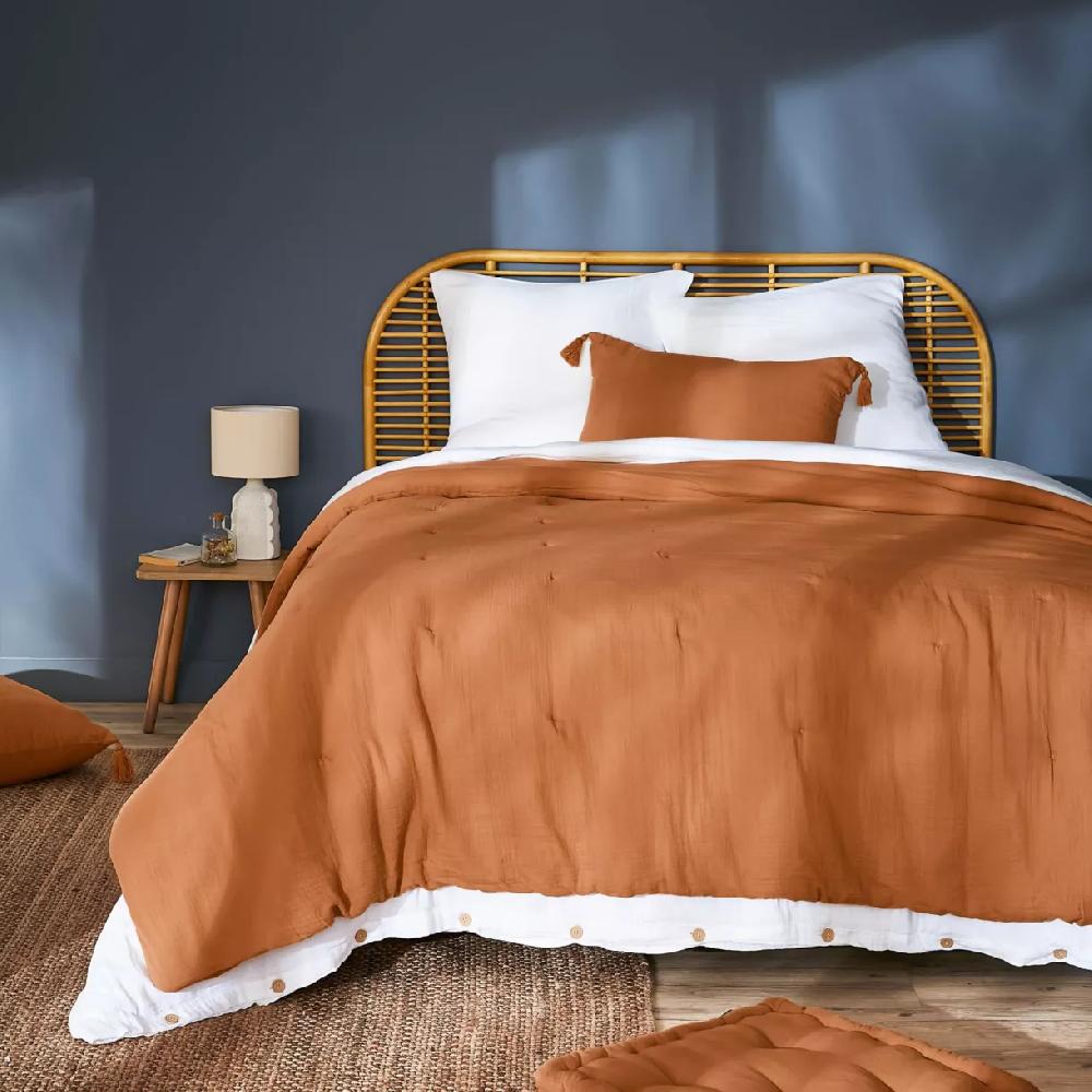 eminza Couvre-lit matelassé gaze de coton (240 x 220 cm) Gaïa Abricot