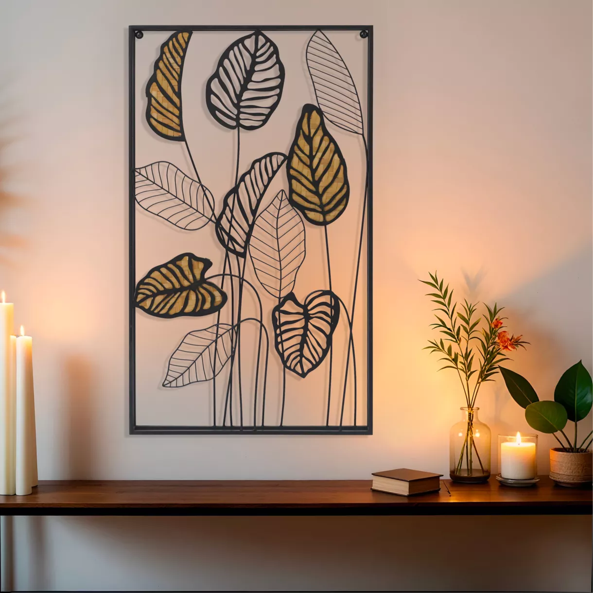 eminza Décoration murale en métal (H82 cm) Feuilles en ratan Noir