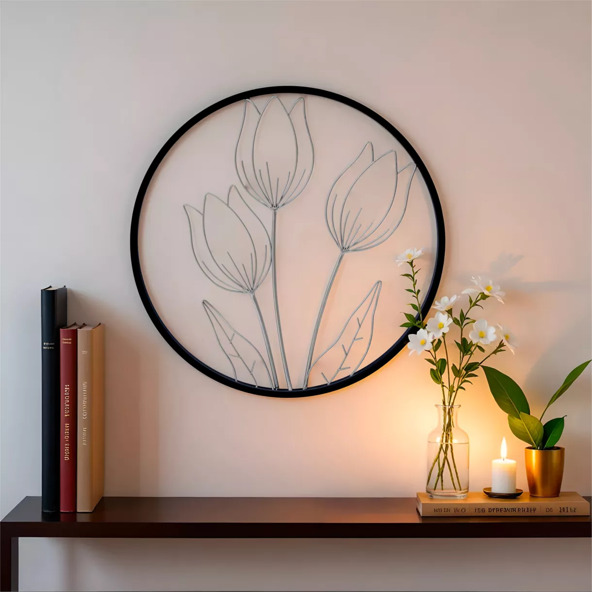 eminza Décoration murale ronde en métal (D46 cm) Tulipe Noir