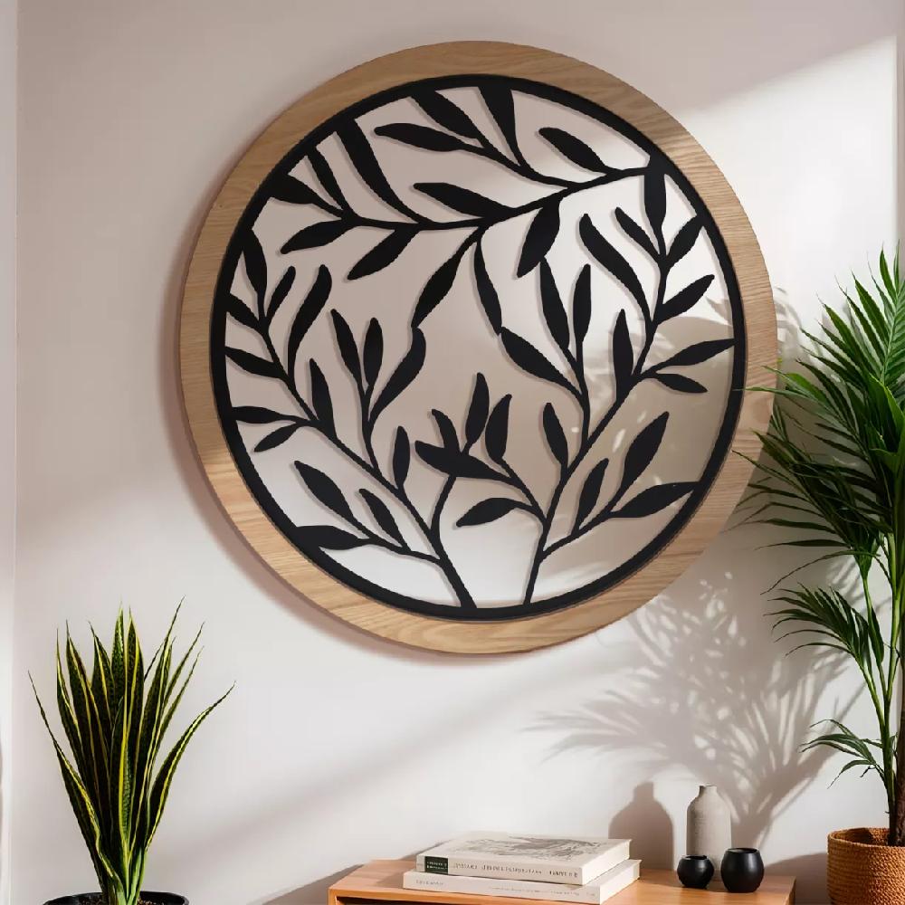 eminza Décoration murale ronde en métal (D60 cm) Éclat de Feuille Noir