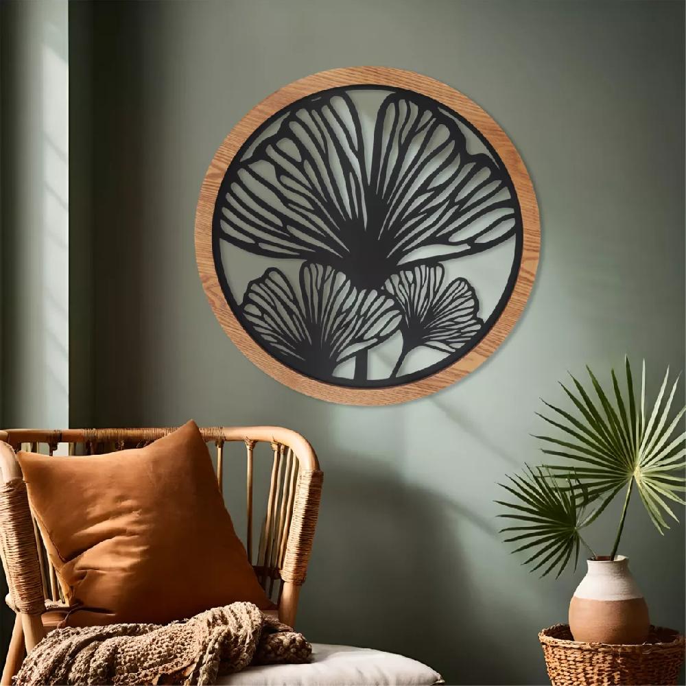eminza Décoration murale ronde en métal (D60 cm) Ginkgo Noir