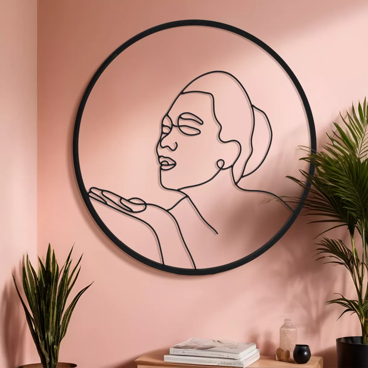 eminza Décoration murale ronde en métal (D60 cm) Woman Noir