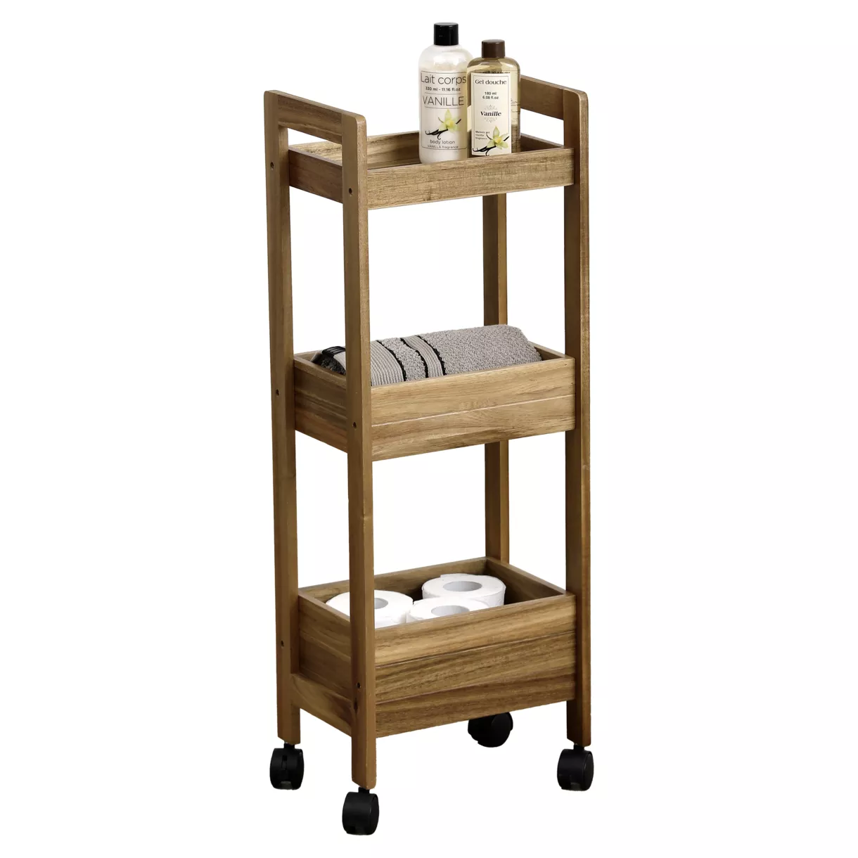 eminza Desserte à roulettes 3 niveaux bois d'acacia (H79 cm) Lina marron