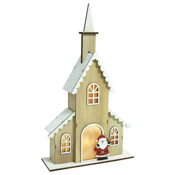 Eminza Eglise Lumineuse à Piles (H40 Cm) Papa Noël Blanc Chaud