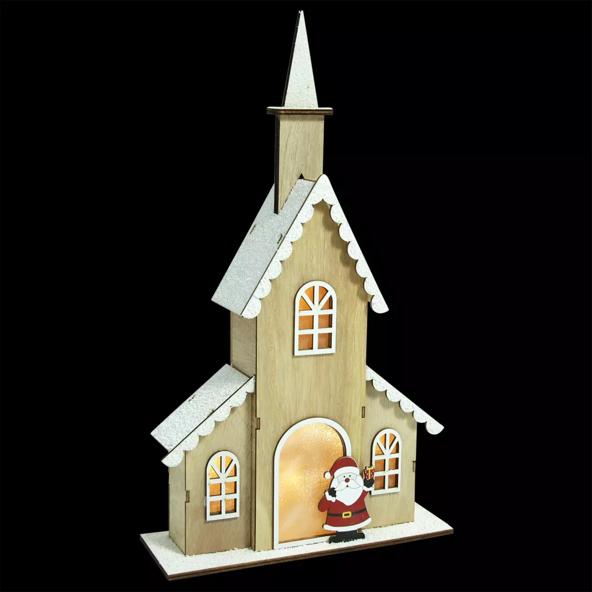 eminza Eglise lumineuse à piles (H40 cm) Papa Noël blanc chaud