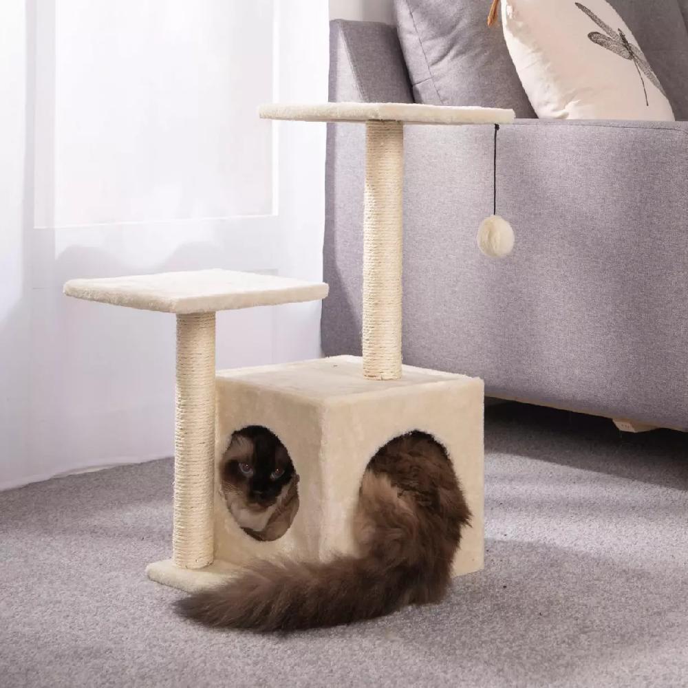 eminza Arbre à chat avec jouet et niche Ecru