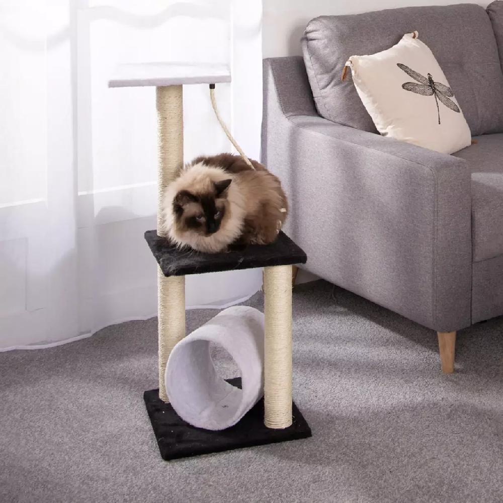 eminza Arbre à chat avec jouet et tunnel Noir