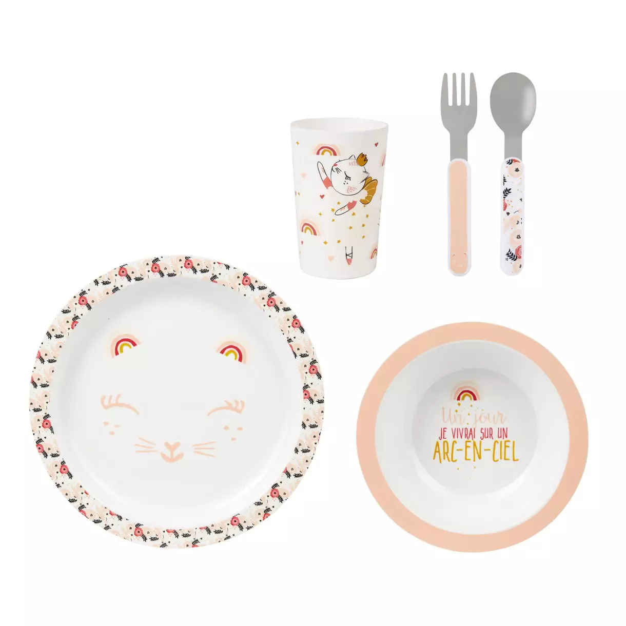 eminza Coffret repas bébé 5 pièces Chat Rose
