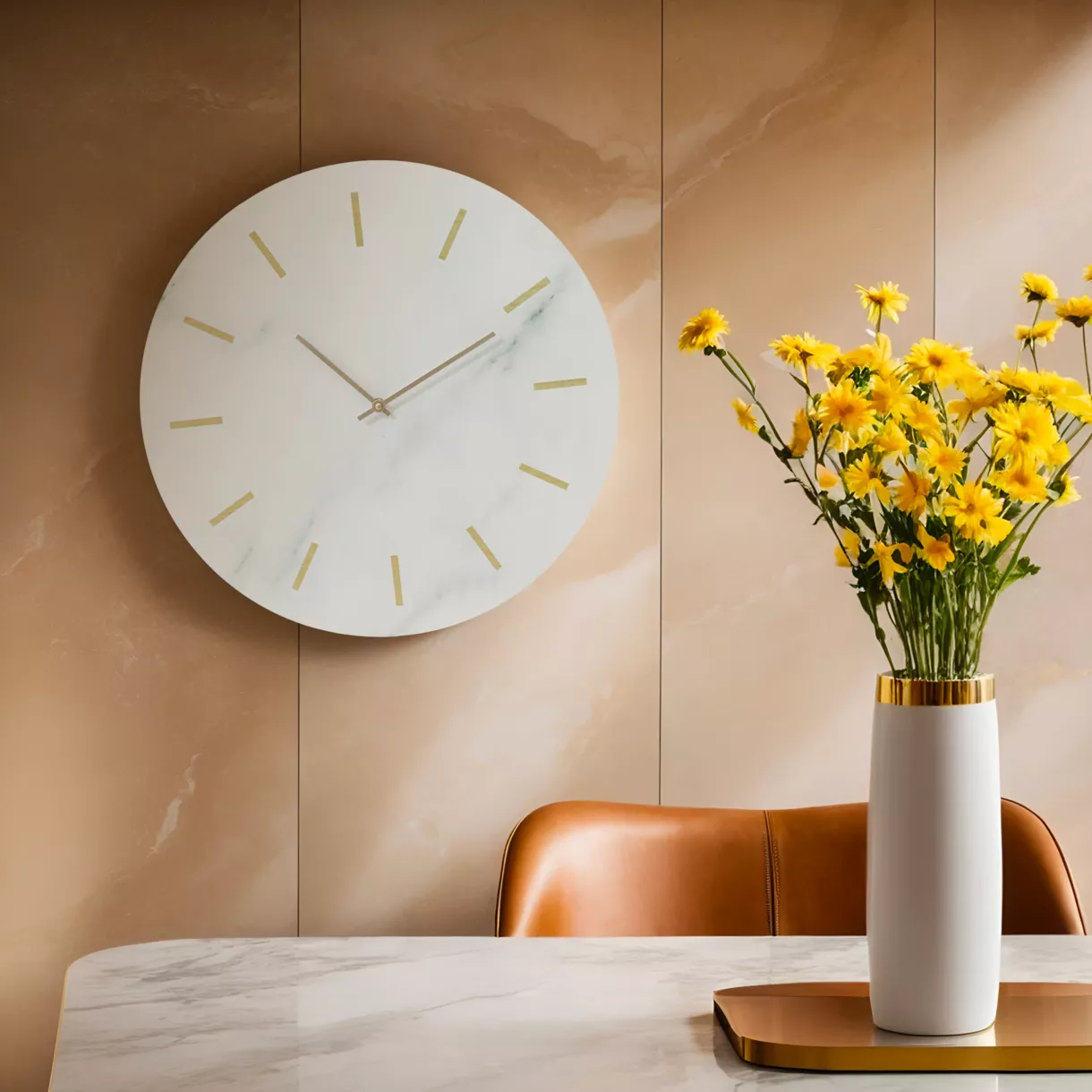 eminza Horloge murale en bois (D51 cm) Marbre Blanc