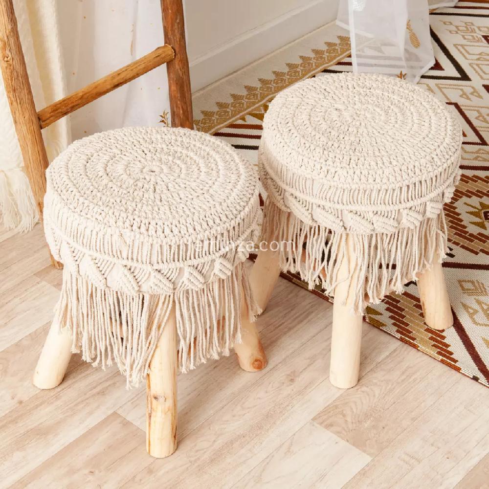 eminza Lot de 2 tabourets (H42 cm) Macrame Eté Beige