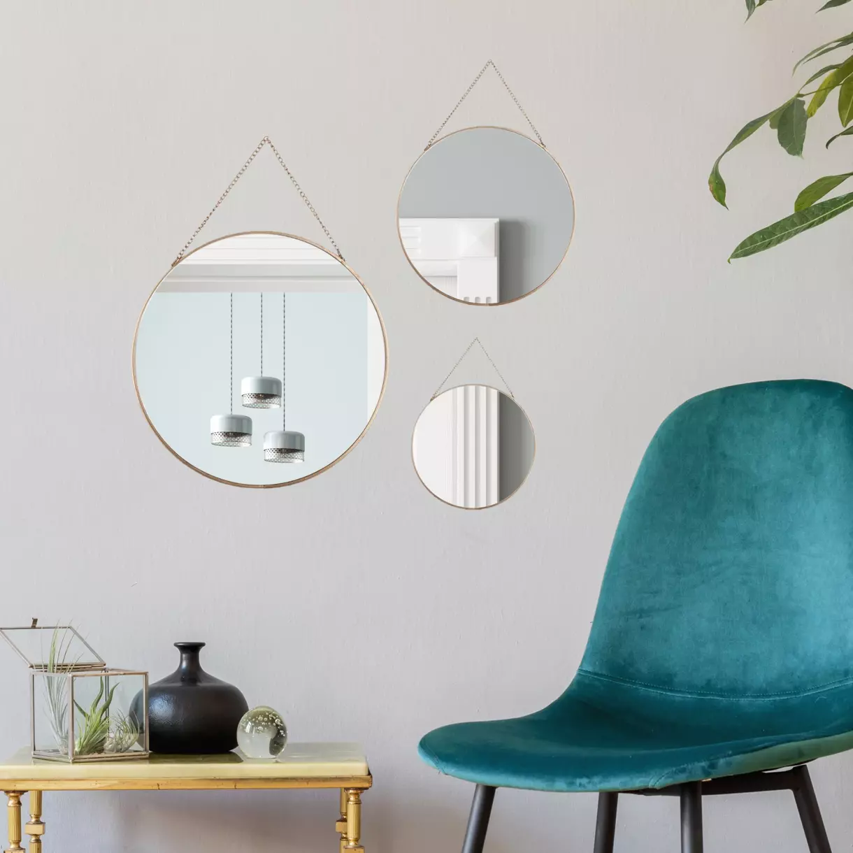 eminza Lot de 3 miroirs en métal (D29 cm) Ovalia Or