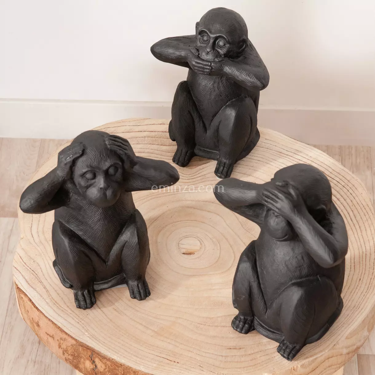 eminza Lot de 3 singes déco (H24 cm) Sagesse Noir