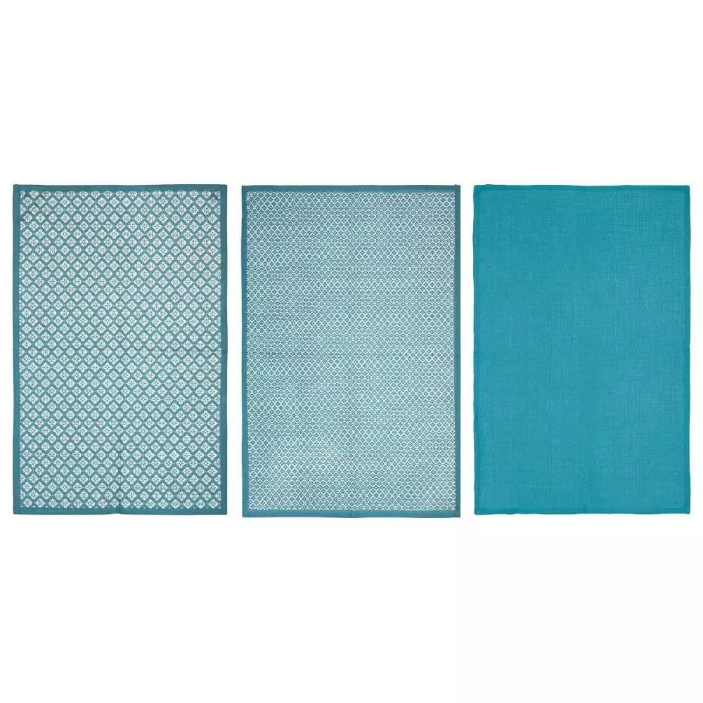 eminza Lot de 3 torchons Geom Bleu canard