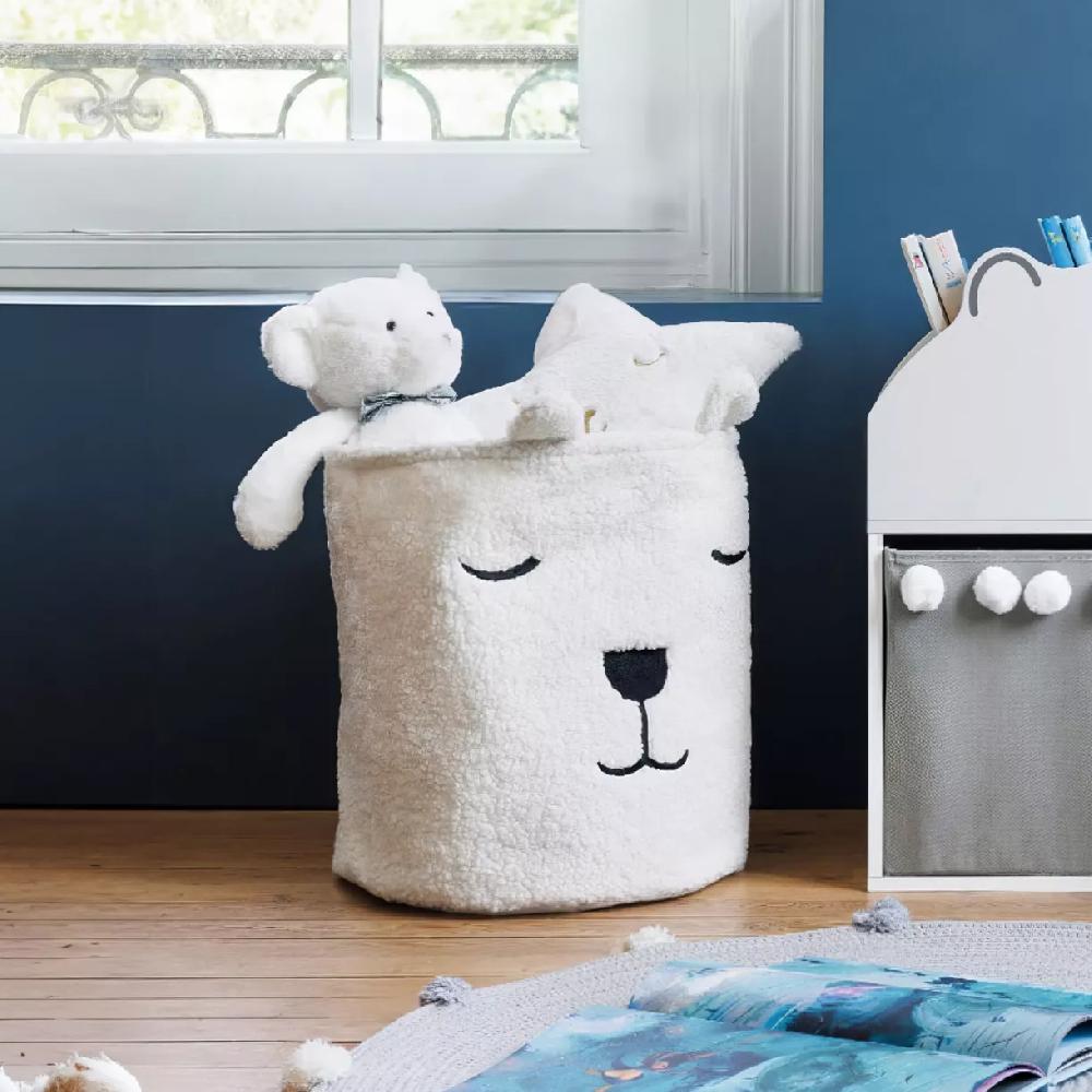 eminza Panier à jouets (H40 cm) Bouclette Blanc