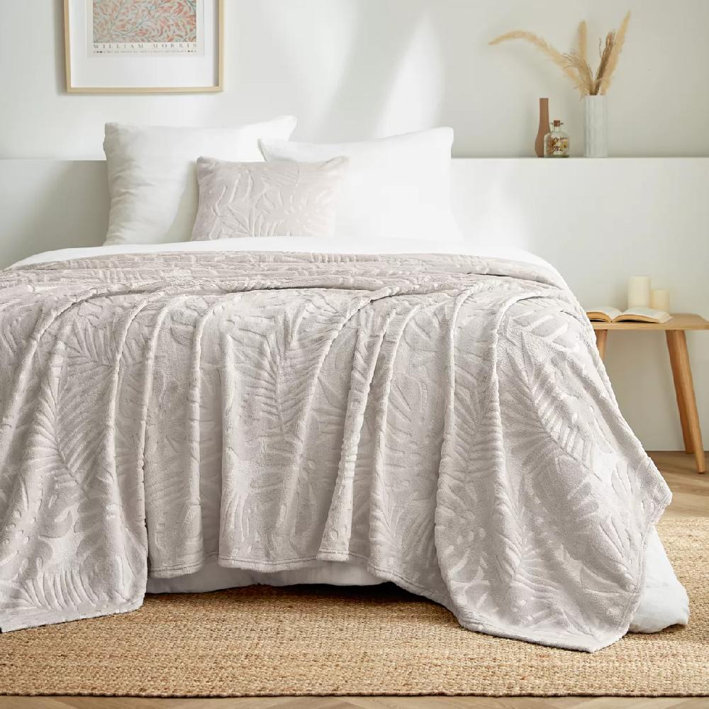 eminza Plaid doux flanelle (220 x 240 cm) Flore Ecru