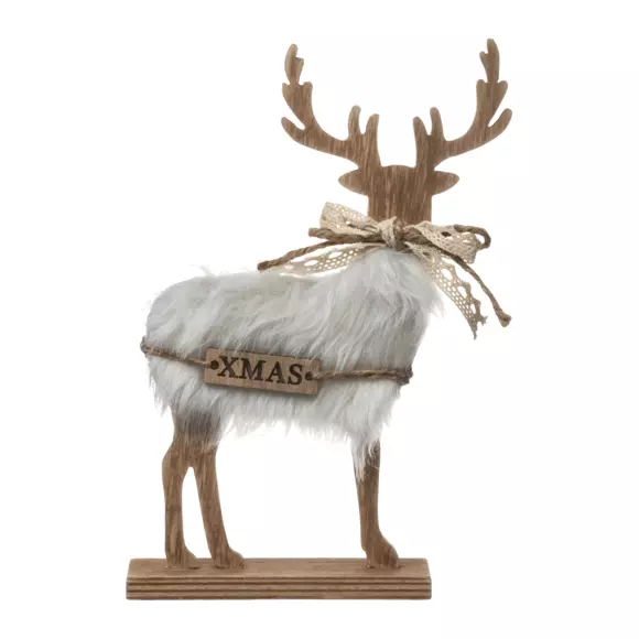Eminza Renne Bois Et Fourrure (H21 Cm) Xmas Blanc