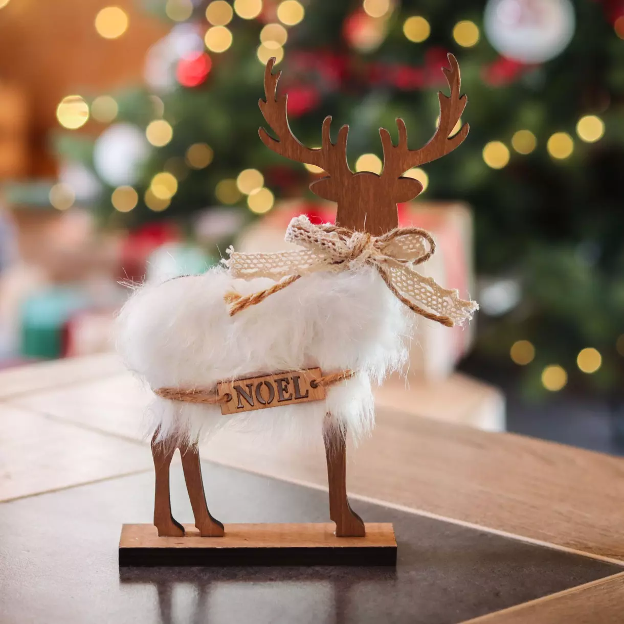eminza Renne bois et fourrure (H21 cm) Xmas Blanc