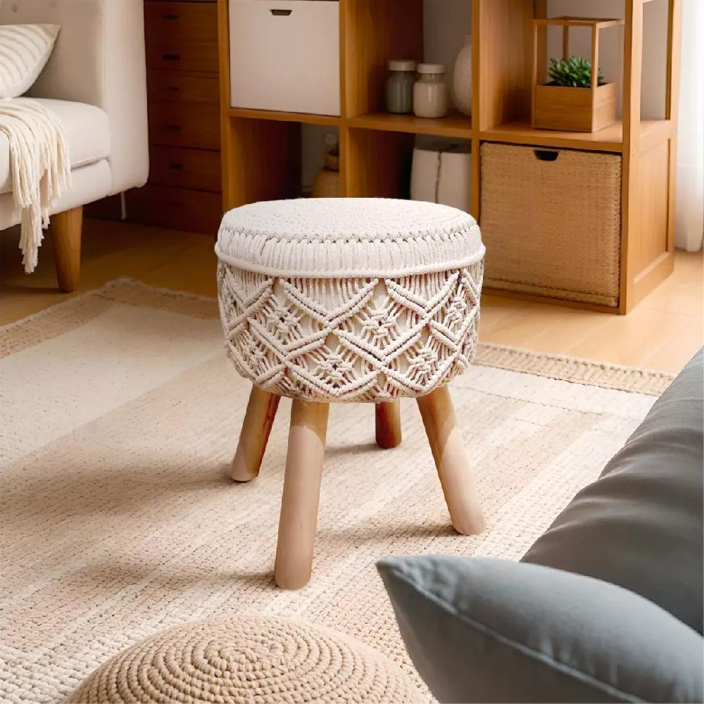 eminza Tabouret rond macramé (H42 cm) Sofia Beige