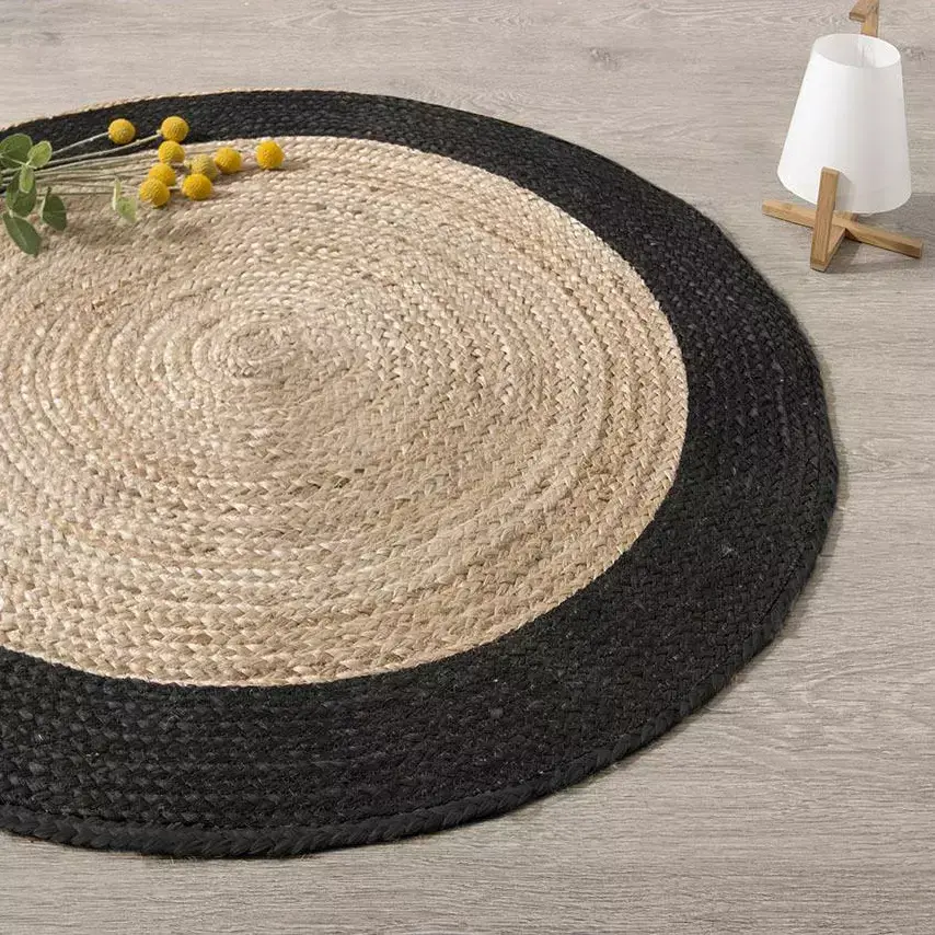 eminza Tapis de salon jute rond (120 cm) Bord Noir