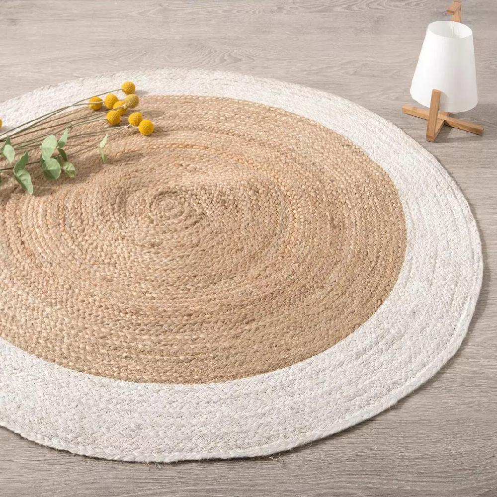 eminza Tapis de salon jute rond (D120 cm) Bord Blanc