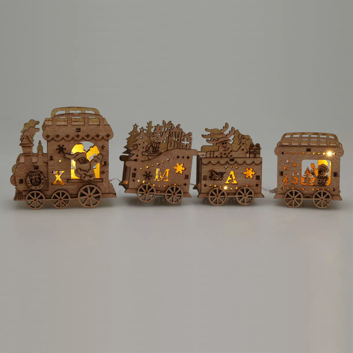 eminza Train lumineux à piles (26 cm) Bois sculpté