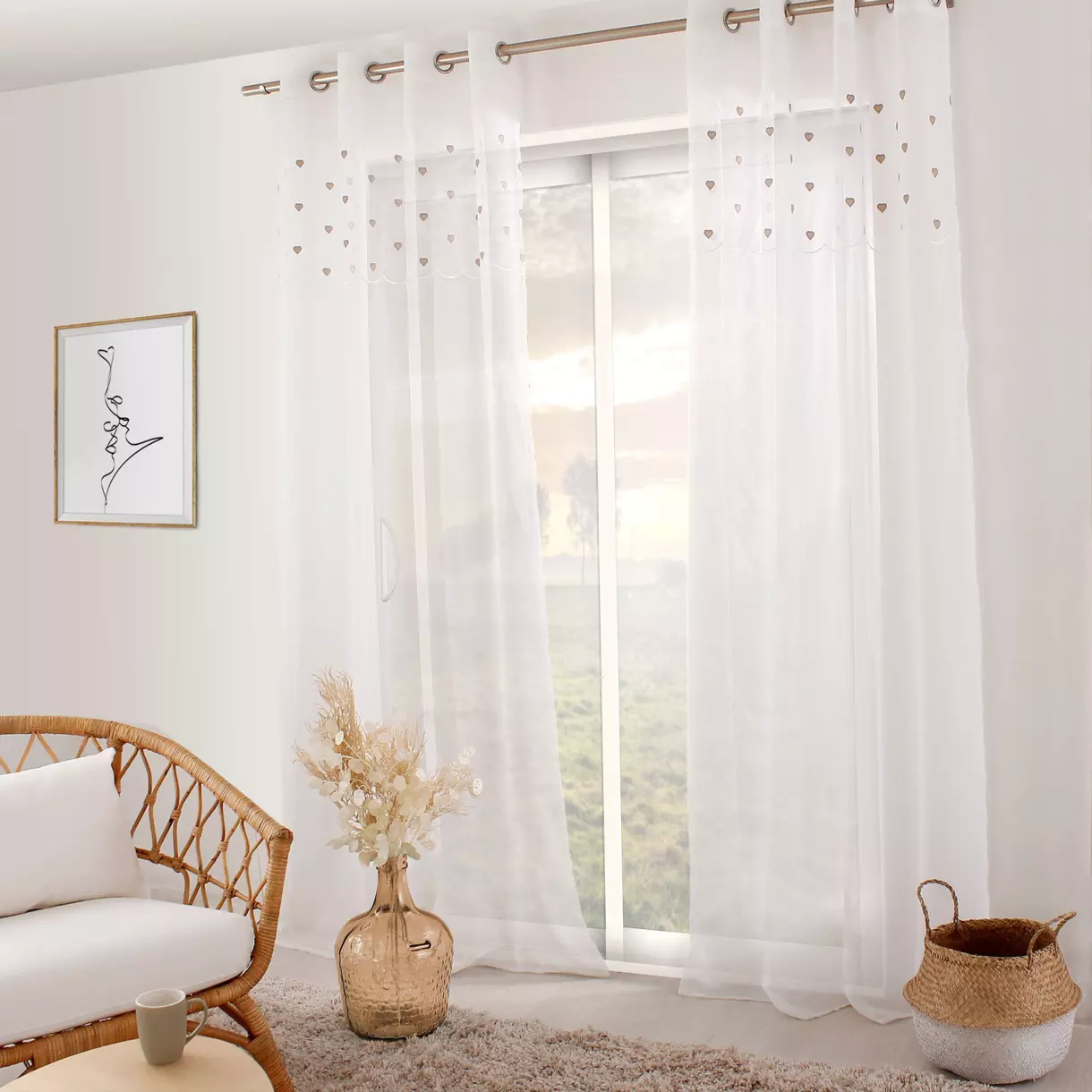 eminza Voilage œillets (140 x 240 cm) Coeurs Beige